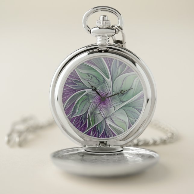 Flower Dream, Abstract Purple Green Art, Monogram Pocket Watch (Inside)