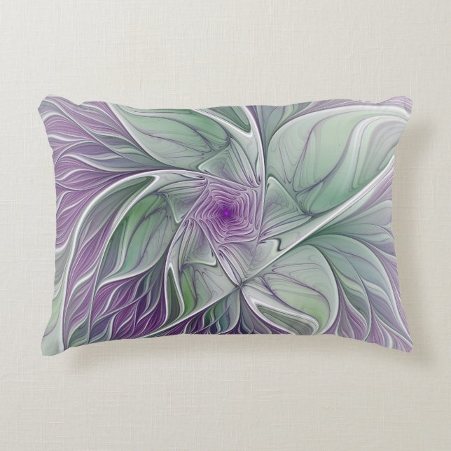 Flower Dream, Abstract Purple Green Fractal Art Accent Pillow (Front)