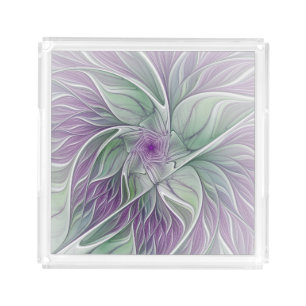 Flower Dream, Abstract Purple Green Fractal Art Acrylic Tray