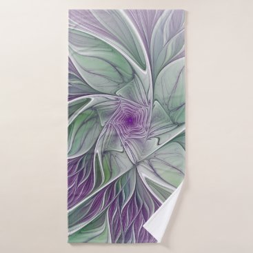 Flower Dream, Abstract Purple Green Fractal Art Bath Towel