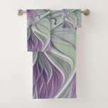 Flower Dream, Abstract Purple Green Fractal Art Bath Towel Set