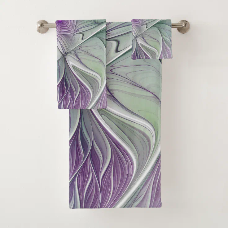 purple and green bath towels