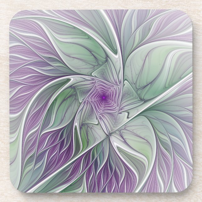 Flower Dream, Abstract Purple Green Fractal Art Beverage Coaster (Front)