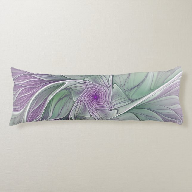 Flower Dream, Abstract Purple Green Fractal Art Body Pillow (Front)