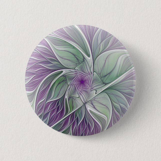 Flower Dream, Abstract Purple Green Fractal Art Button (Front)