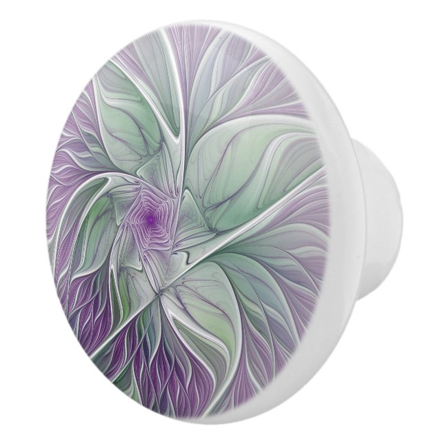 Flower Dream, Abstract Purple Green Fractal Art Ceramic Knob (Right)