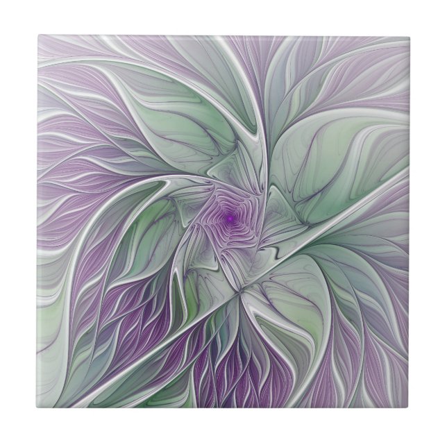 Flower Dream, Abstract Purple Green Fractal Art Ceramic Tile (Front)