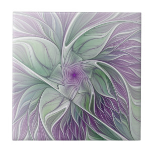 Flower Dream, Abstract Purple Green Fractal Art Ceramic Tile