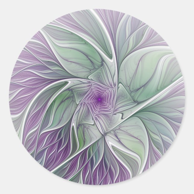 Flower Dream, Abstract Purple Green Fractal Art Classic Round Sticker (Front)