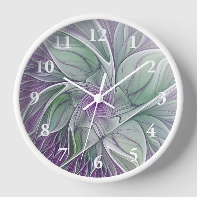 Flower Dream, Abstract Purple Green Fractal Art Clock (Front)