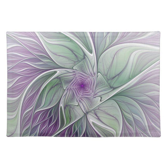 Flower Dream, Abstract Purple Green Fractal Art Cloth Placemat (Front)