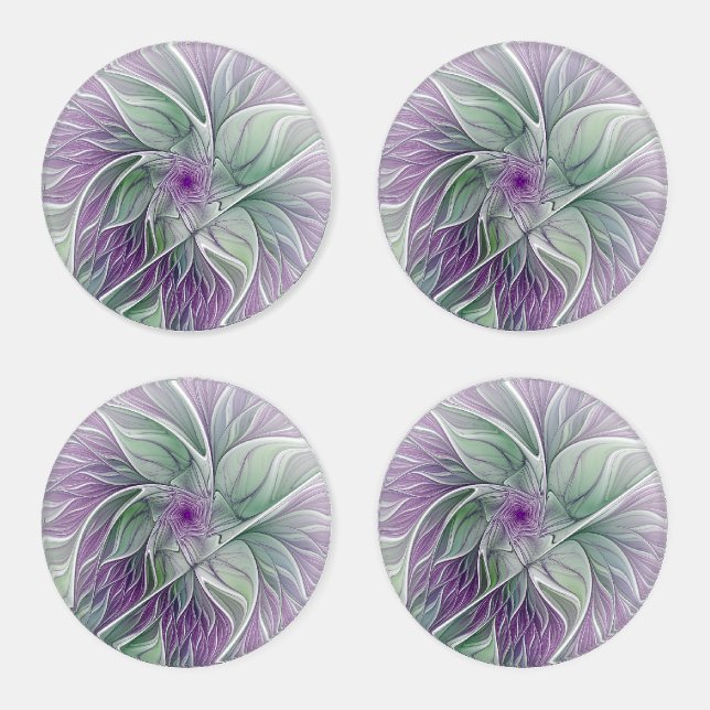Flower Dream, Abstract Purple Green Fractal Art Coaster Set (Set)