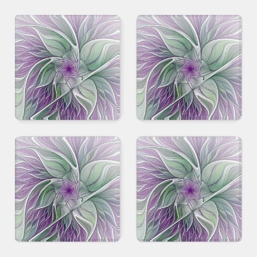 Flower Dream Abstract Purple Green Fractal Art Coaster Set