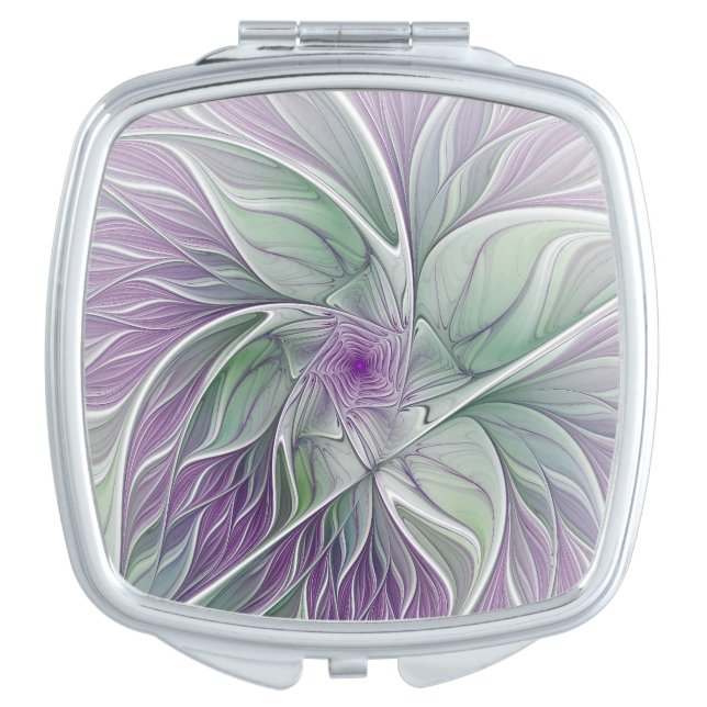 Flower Dream, Abstract Purple Green Fractal Art Compact Mirror (Front)
