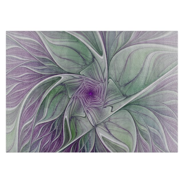 Flower Dream, Abstract Purple Green Fractal Art Cutting Board (Front)