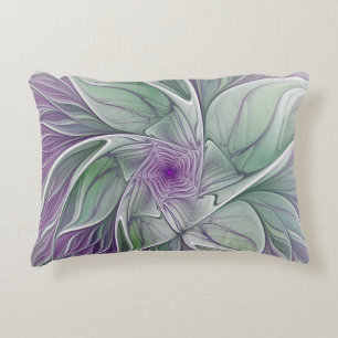 Flower Dream, Abstract Purple Green Fractal Art Decorative Pillow