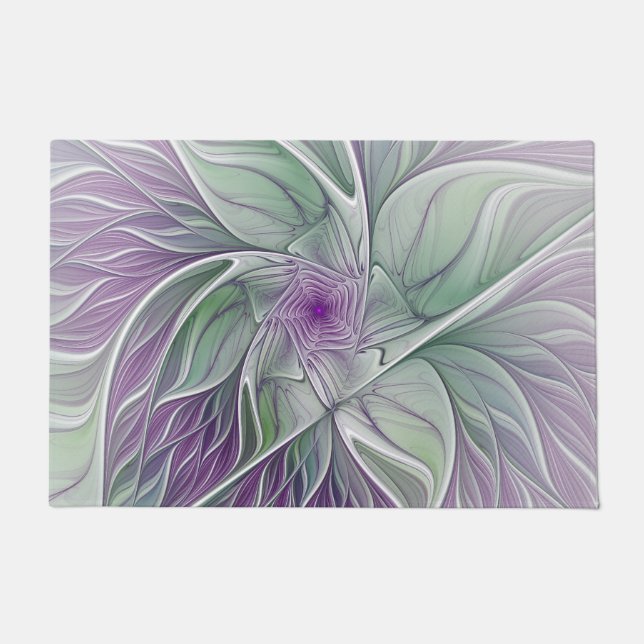 Flower Dream, Abstract Purple Green Fractal Art Doormat (Front)