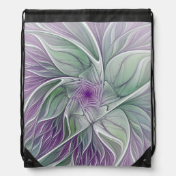 Flower Dream, Abstract Purple Green Fractal Art Drawstring Bag