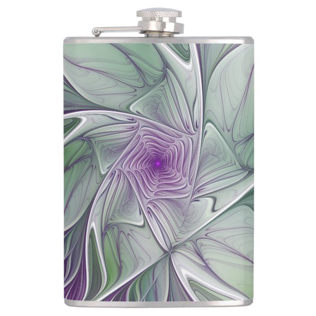 Flower Dream, Abstract Purple Green Fractal Art Flask (Front)