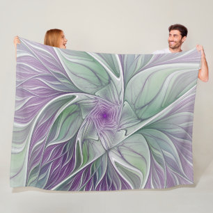 Flower Dream, Abstract Purple Green Fractal Art Fleece Blanket