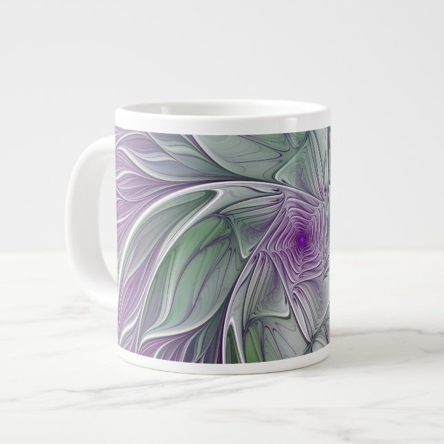 Flower Dream, Abstract Purple Green Fractal Art Giant Coffee Mug (Front Left)