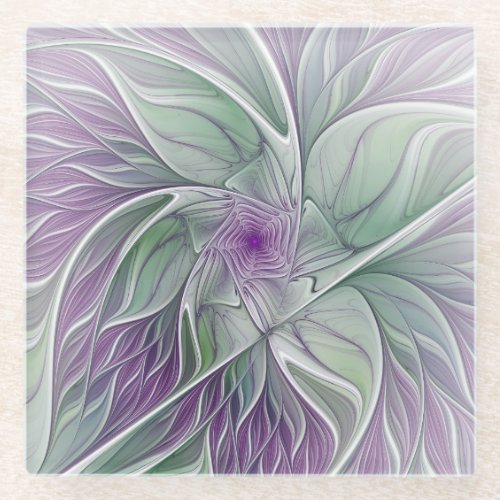 Flower Dream Abstract Purple Green Fractal Art Glass Coaster