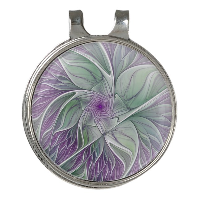 Flower Dream, Abstract Purple Green Fractal Art Golf Hat Clip (Front)