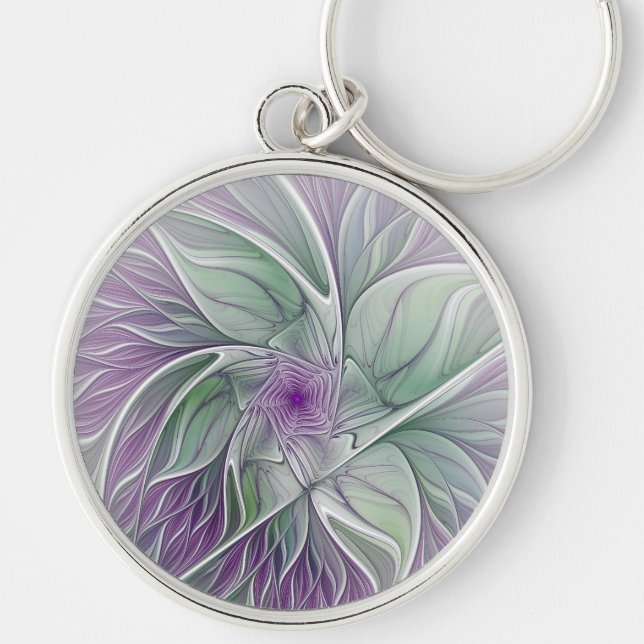 Flower Dream, Abstract Purple Green Fractal Art Keychain (Front)