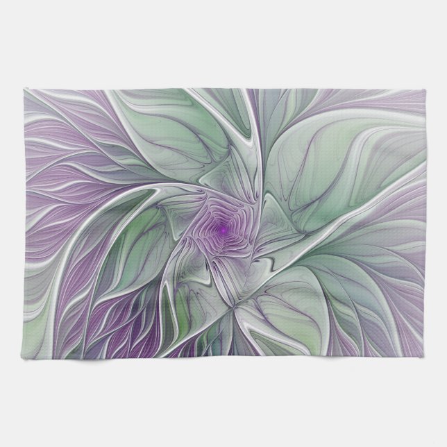 Flower Dream, Abstract Purple Green Fractal Art Kitchen Towel (Horizontal)