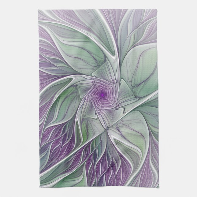 Flower Dream, Abstract Purple Green Fractal Art Kitchen Towel (Vertical)