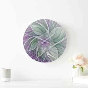 Flower Dream, Abstract Purple Green Fractal Art Large Clock