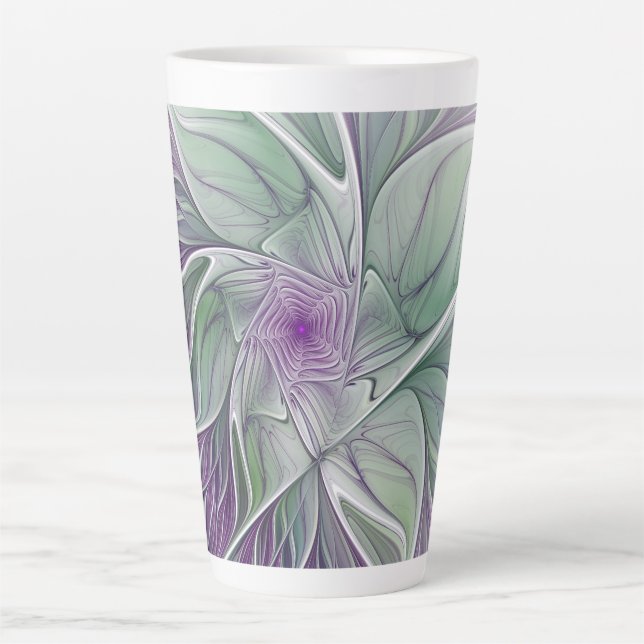 Flower Dream, Abstract Purple Green Fractal Art Latte Mug (Front)