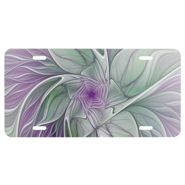 Flower Dream, Abstract Purple Green Fractal Art License Plate (Front)