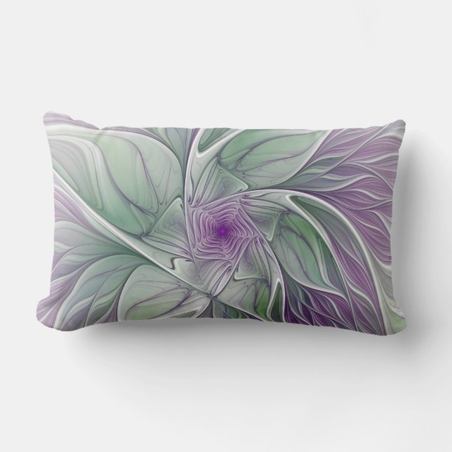 Flower Dream, Abstract Purple Green Fractal Art Lumbar Pillow (Front)