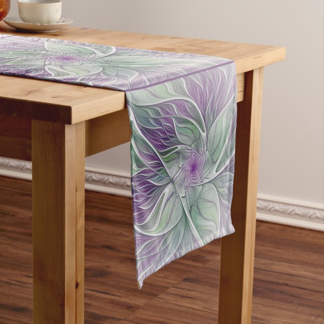 Flower Dream, Abstract Purple Green Fractal Art Medium Table Runner (In Situ)