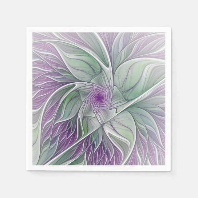Flower Dream, Abstract Purple Green Fractal Art Napkins (Front)