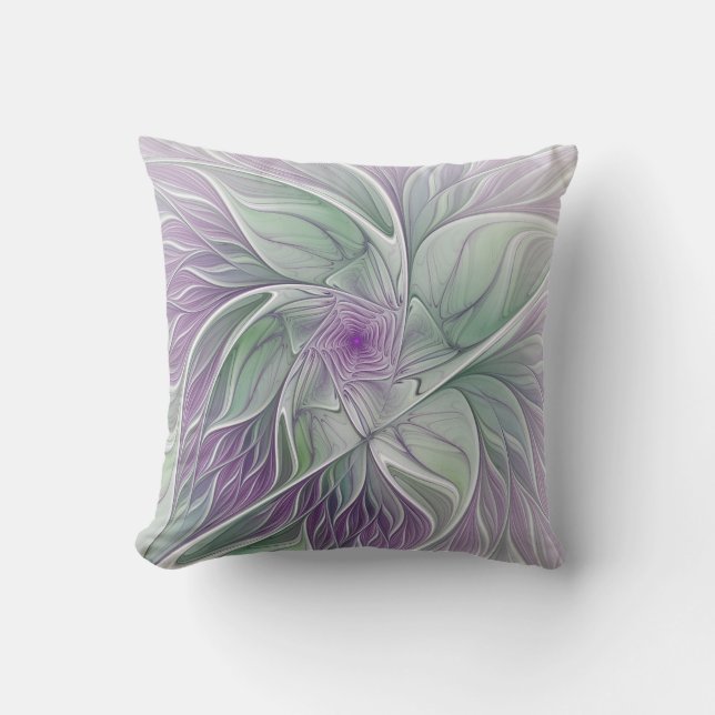 Flower Dream, Abstract Purple Green Fractal Art Outdoor Pillow (Front)