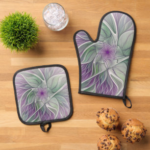 Flower Dream, Abstract Purple Green Fractal Art Oven Mitt & Pot Holder Set