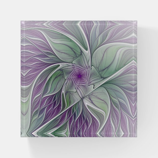 Flower Dream, Abstract Purple Green Fractal Art Paperweight (Front)