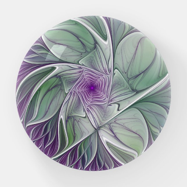 Flower Dream, Abstract Purple Green Fractal Art Paperweight (Front)
