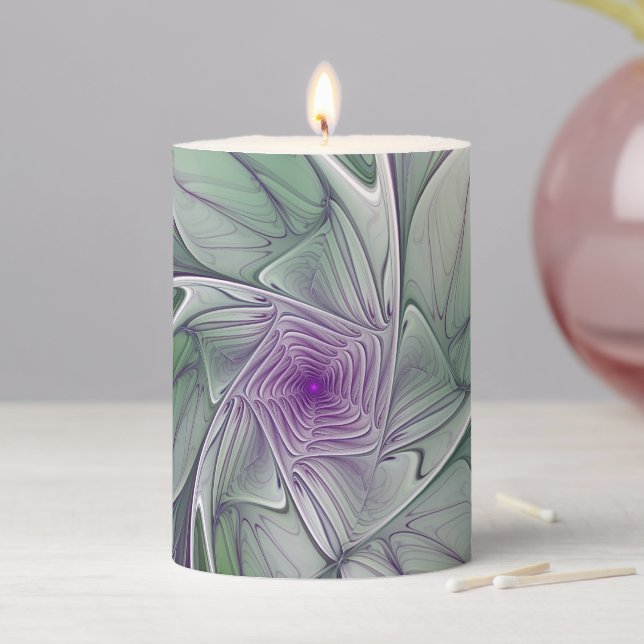 Flower Dream, Abstract Purple Green Fractal Art Pillar Candle (In Situ)