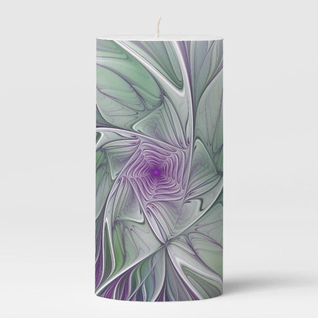 Flower Dream, Abstract Purple Green Fractal Art Pillar Candle (Front)
