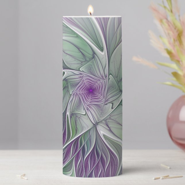 Flower Dream, Abstract Purple Green Fractal Art Pillar Candle (In Situ)