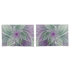 Flower Dream, Abstract Purple Green Fractal Art Pillow Case
