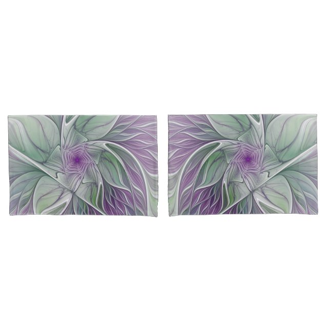 Flower Dream, Abstract Purple Green Fractal Art Pillow Case (Front-Set)