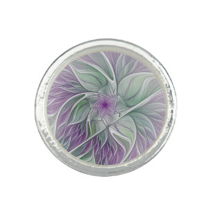 Flower Dream, Abstract Purple Green Fractal Art Ring