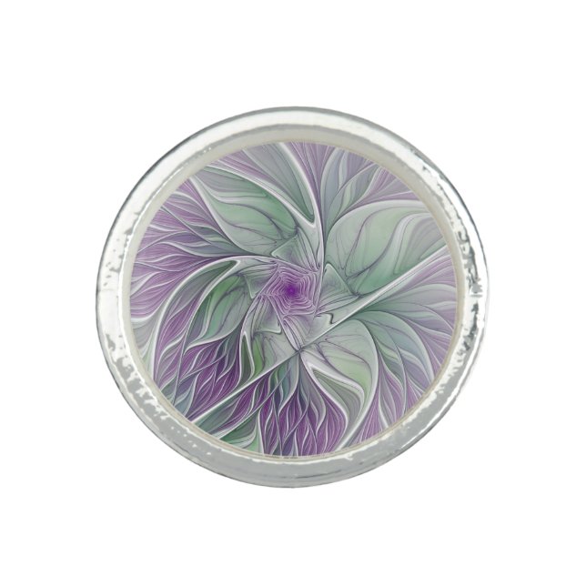 Flower Dream, Abstract Purple Green Fractal Art Ring (Front)