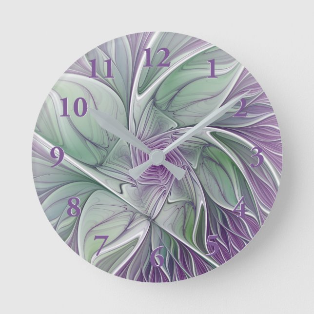 Flower Dream, Abstract Purple Green Fractal Art Round Clock (Front)