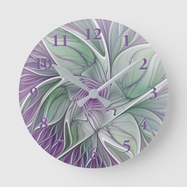 Flower Dream, Abstract Purple Green Fractal Art Round Clock (Front)