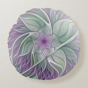 Flower Dream, Abstract Purple Green Fractal Art Round Pillow